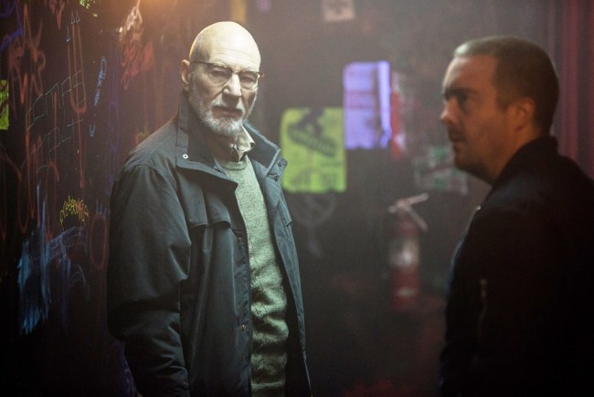 Patrick Stewart and Macon Blair in GREEN ROOM. photo courtesy of Scott Green/© A24.