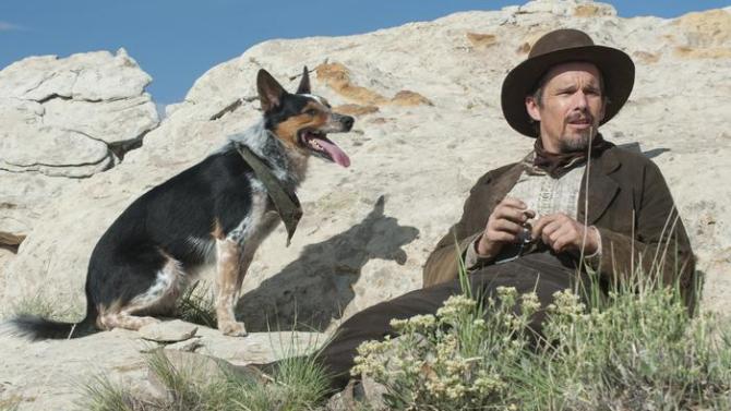 Jumpy the dog and Ethan Hawke in IN A VALLEY OF VIOLENCE